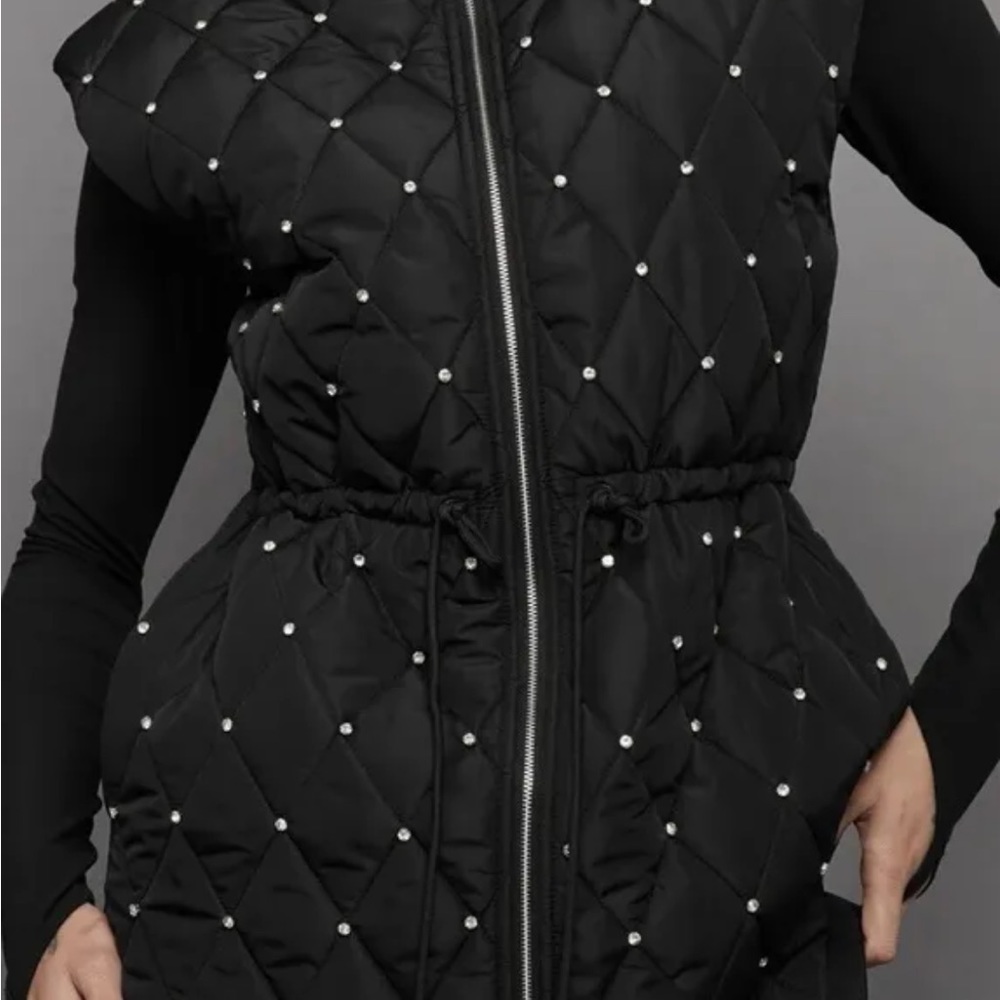 NWT CARBON 38 WOMENS MEDIUM BLACK RHINESTONE LIGHTWEIGHT POLY-FILL QUILTED VEST
